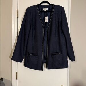 NWT Christopher & Banks Navy Tweed Blazer open front design silver metal trim